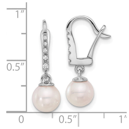 14K White Gold 6-7mm White Round Akoya Saltwater Cultured Pearl and .085 Carat Diamond Dangle Earrings