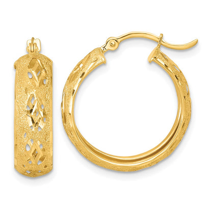 14K Yellow Gold Polished Laser and Diamond-cut 6.15x21mm Fancy Design Round Hoop Earrings