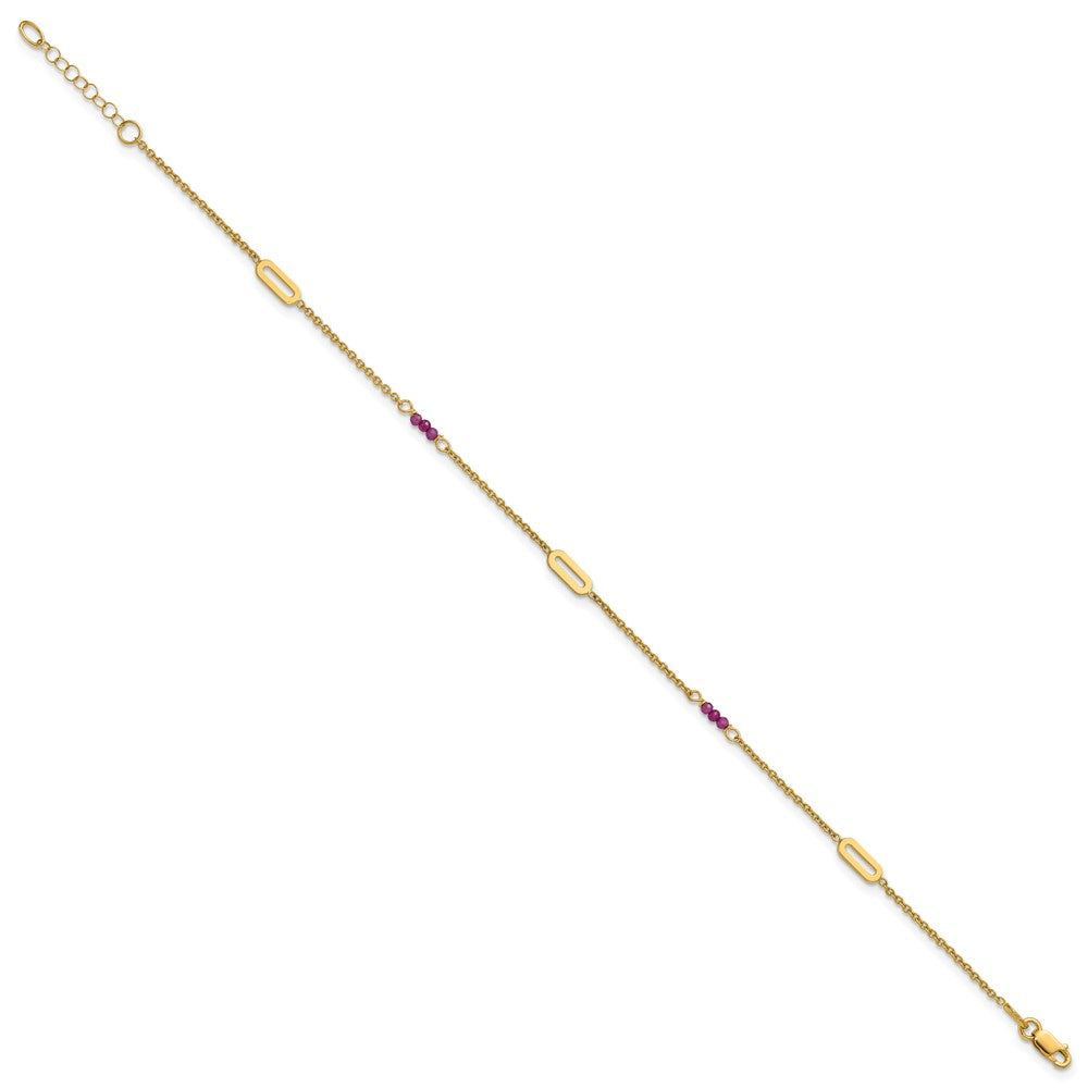 14K Yellow Gold Polished Red Corundum Beads and Ovals 9 Inch Plus 1 Inch Extender - Total 10 Inch Anklet