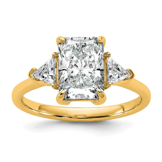 14K Yellow Gold 1/2 carat Lab Grown Diamond VS+ F+ Triangle 2 carat Radiant Center Semi Mount Three Stone Engagement Ring