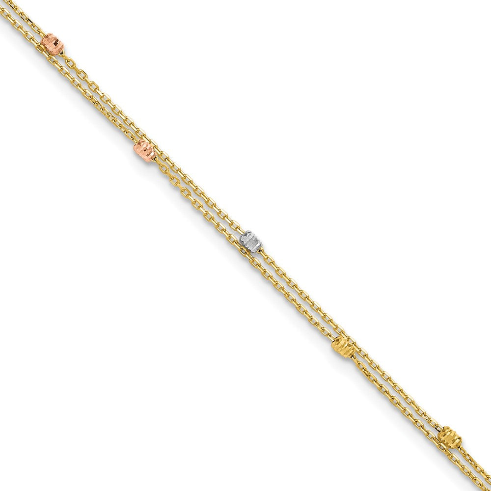 14K Tri-Color Gold Tri-color Diamond-cut Beads 2-Strand 9 Inch Plus 1 Inch Extender - Total 10 Inch Anklet