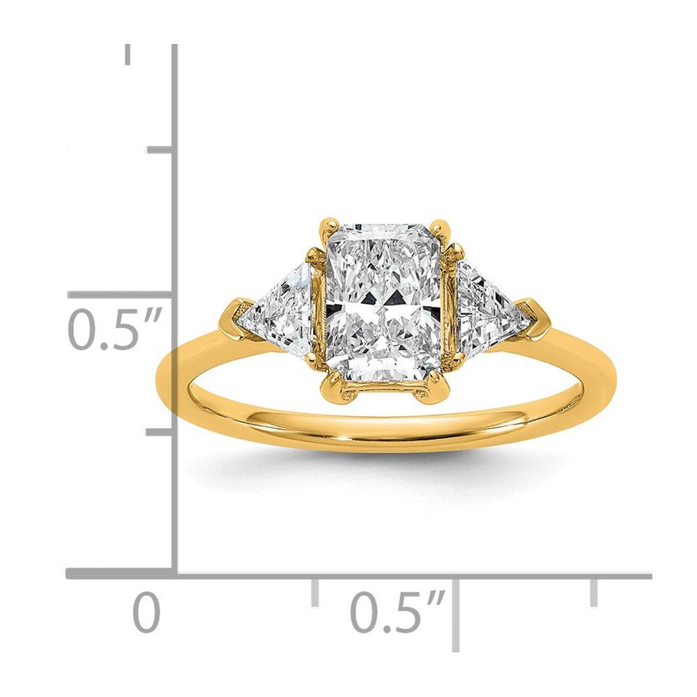 14K Yellow Gold 1 3/8 carat Certified Lab Grown Diamond VS+ F+ Radiant and Triangle Complete Three Stone Engagement Ring