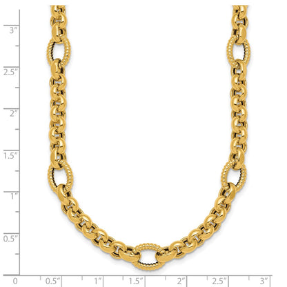14K Yellow Gold Polished and Textured Rolo and Oval Fancy Chain 18 Inch Necklace