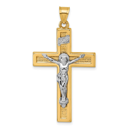 14K Yellow Gold with Rhodium Polished INRI Crucifix Cross Pendant