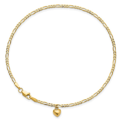 14K Yellow Gold Figaro Link Chain with Dangling Puffed Heart 10 Inch Anklet