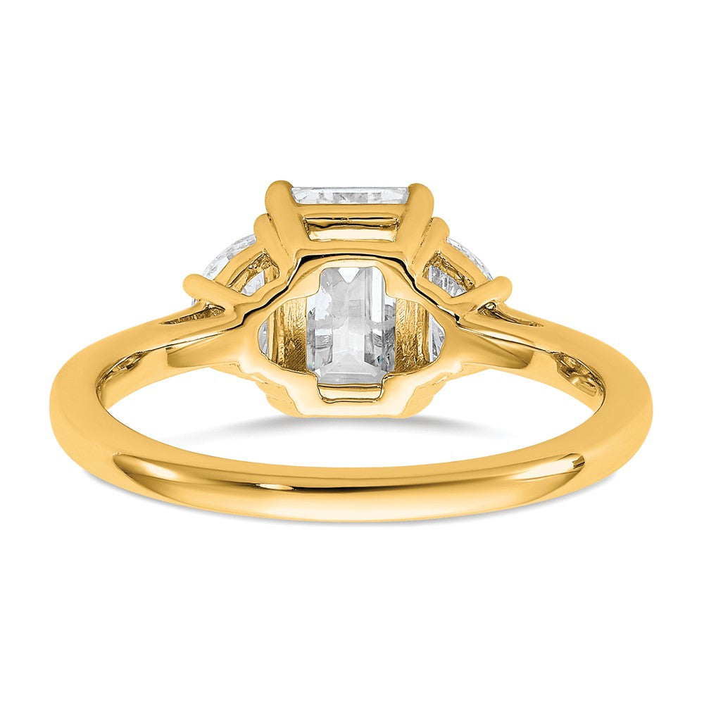 14K Yellow Gold 1/2 carat Lab Grown Diamond VS+ F+ Semi Mount Emerald and Half Moon Three Stone Engagement Ring