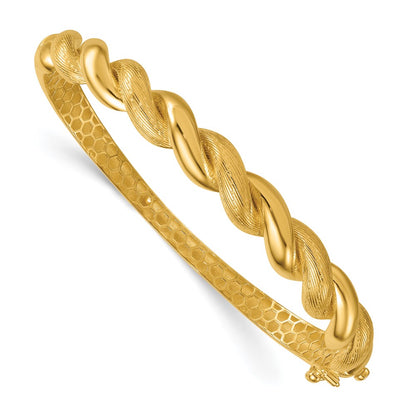 14K Yellow Gold Polished Twisted Textured 7.75mm Hinged Oval Bangle Bracelet