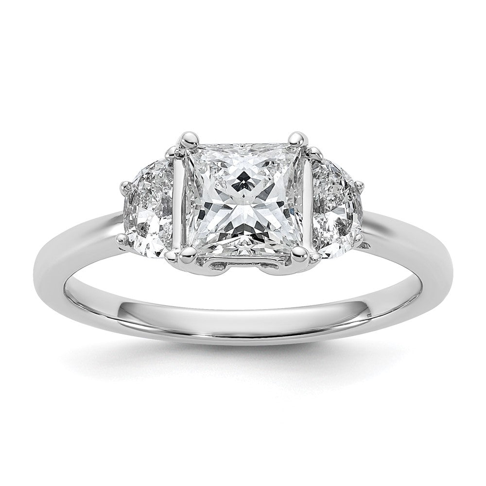 14K White Gold 1 3/8 carat Certified Lab Grown Diamond VS+ F+ Princess and Half Moon Complete Three Stone Engagement Ring