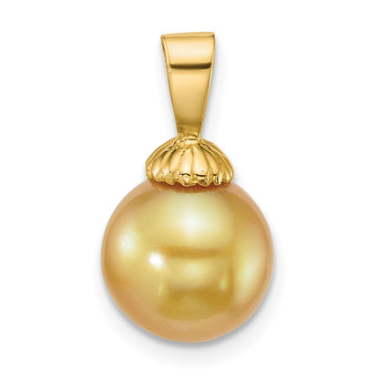 14K Yellow Gold Polished 9-10mm Round Golden South Sea Saltwater Cultured Pearl Pendant