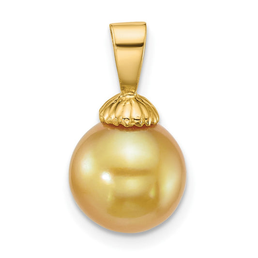 14K Yellow Gold Polished 9-10mm Round Golden South Sea Saltwater Cultured Pearl Pendant