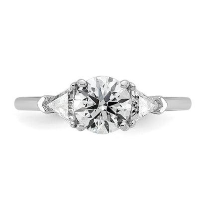 14K White Gold 1/2 carat Lab Grown Diamond VS+ F+ Triangle 1 carat Round Semi Mount Three Stone Engagement Ring