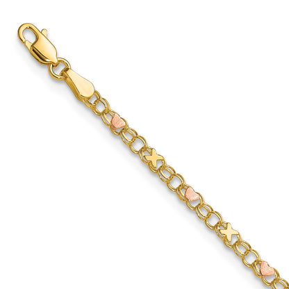 14K Two-Tone Gold Polished and Satin -plated X-and-Heart 9 Inch Anklet