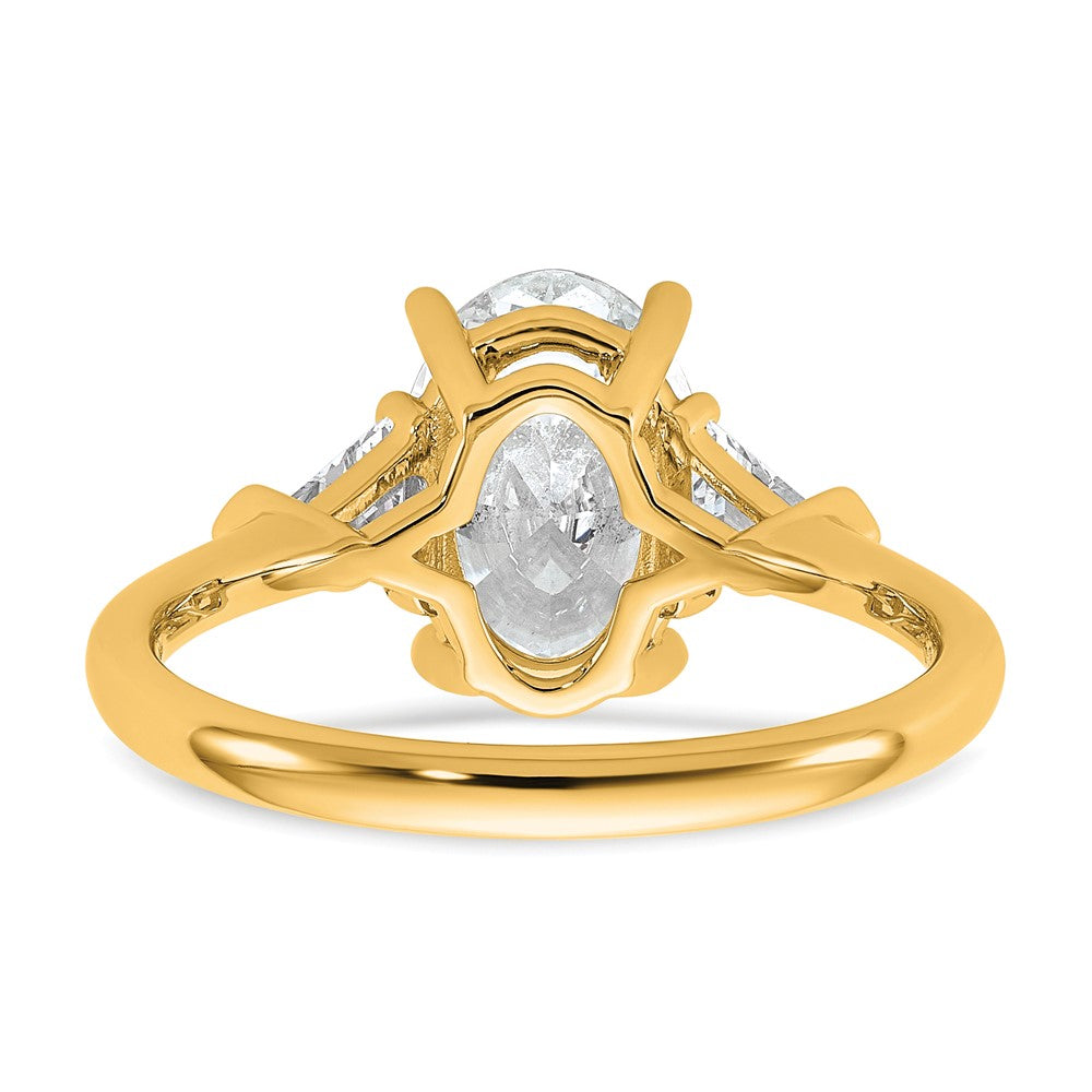 14K Yellow Gold 1/2 carat Lab Grown Diamond VS+ F+ Trillion and 2 carat Oval Center Semi Mount Three Stone Engagement Ring