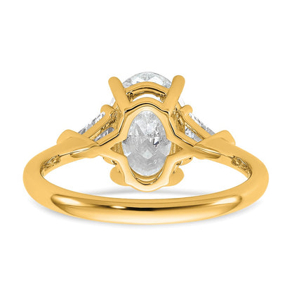 14K Yellow Gold 1/2 carat Lab Grown Diamond VS+ F+ Trillion and 2 carat Oval Center Semi Mount Three Stone Engagement Ring