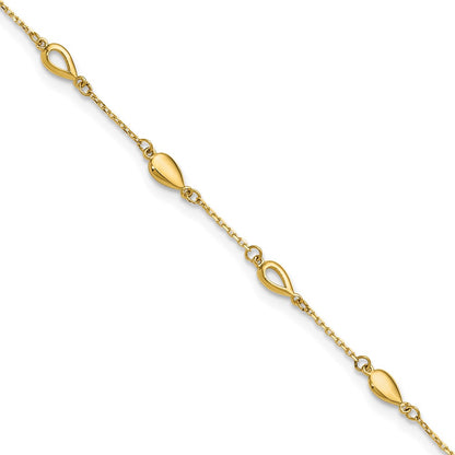 14K Yellow Gold Polished Teardrop 9 Inch Plus 1 Inch Extender - Total 10 Inch Anklet