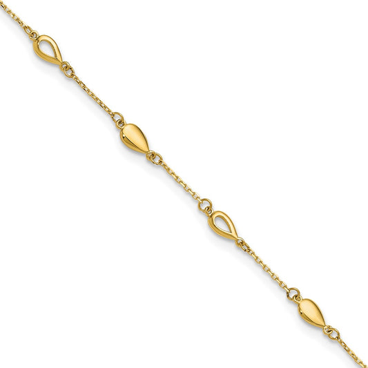 14K Yellow Gold Polished Teardrop 9 Inch Plus 1 Inch Extender - Total 10 Inch Anklet