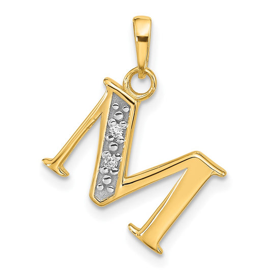 14K Yellow Gold with Rhodium Diamond Letter M Initial Pendant