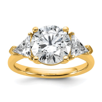14K Yellow Gold 1 1/8 carat Lab Grown Diamond VS+ F+ Triangle 3 carat Round Semi Mount Three Stone Engagement Ring