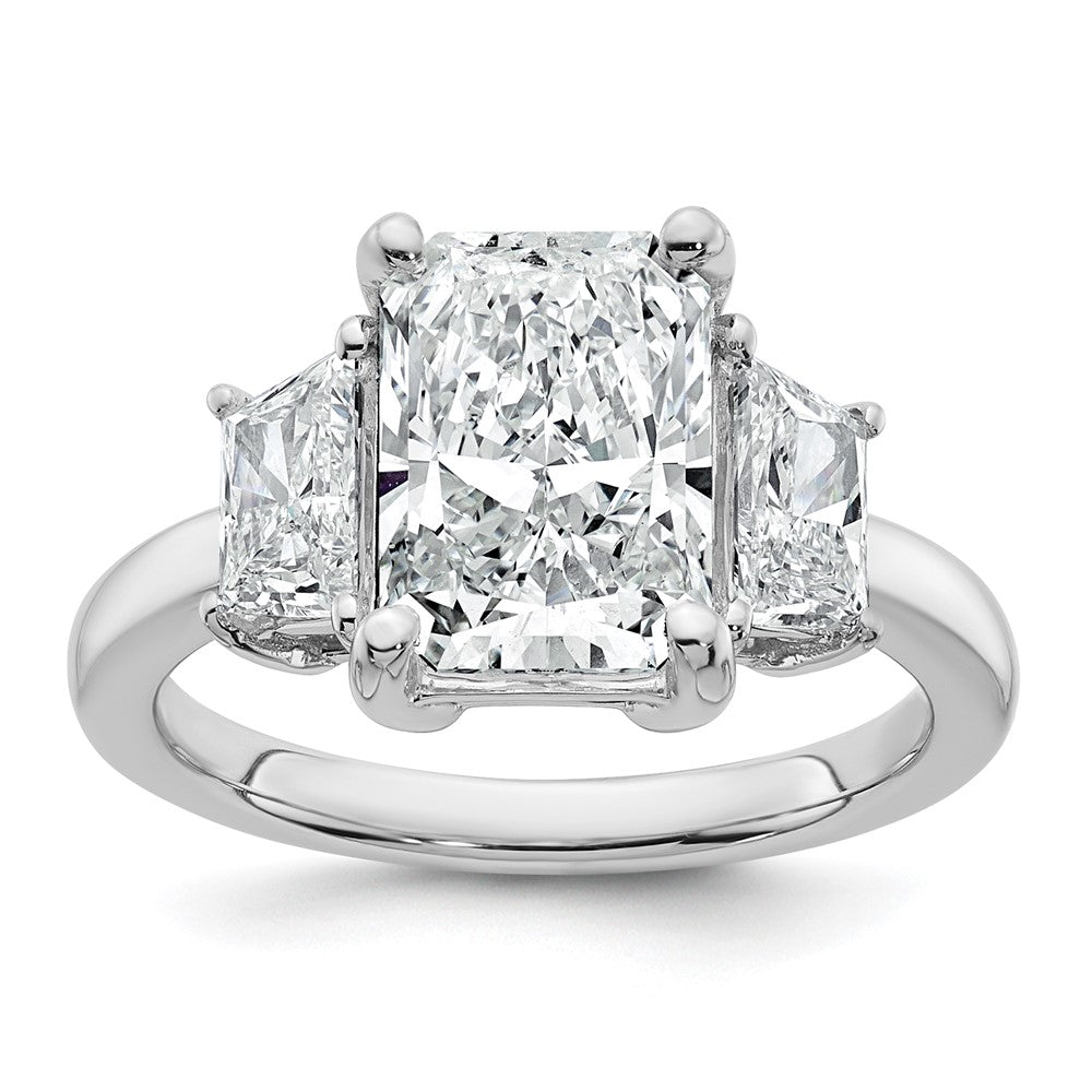 14K White Gold 1 carat Lab Grown Diamond VS+ F+ Trapezoid 3 carat Radiant Center Semi Mount Three Stone Engagement Ring