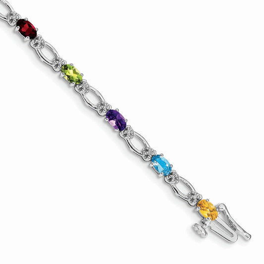 14K White Gold Complete Diamond and Oval Garnet/Peridot/Amethyst/Citrine/Swiss Blue Topaz 7 Inch Rainbow Bracelet