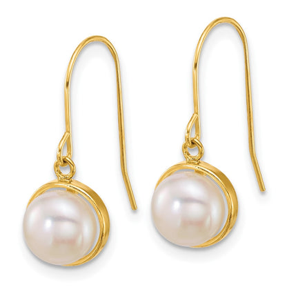 14K Yellow Gold Polished 6-7mm Button Freshwater Cultured Pearl Dangle Shepherd Hook Earrings