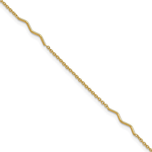 14K Yellow Gold Wavy Bar 3-Station 9 Inch Plus 1 Inch Extender - Total 10 Inch Anklet