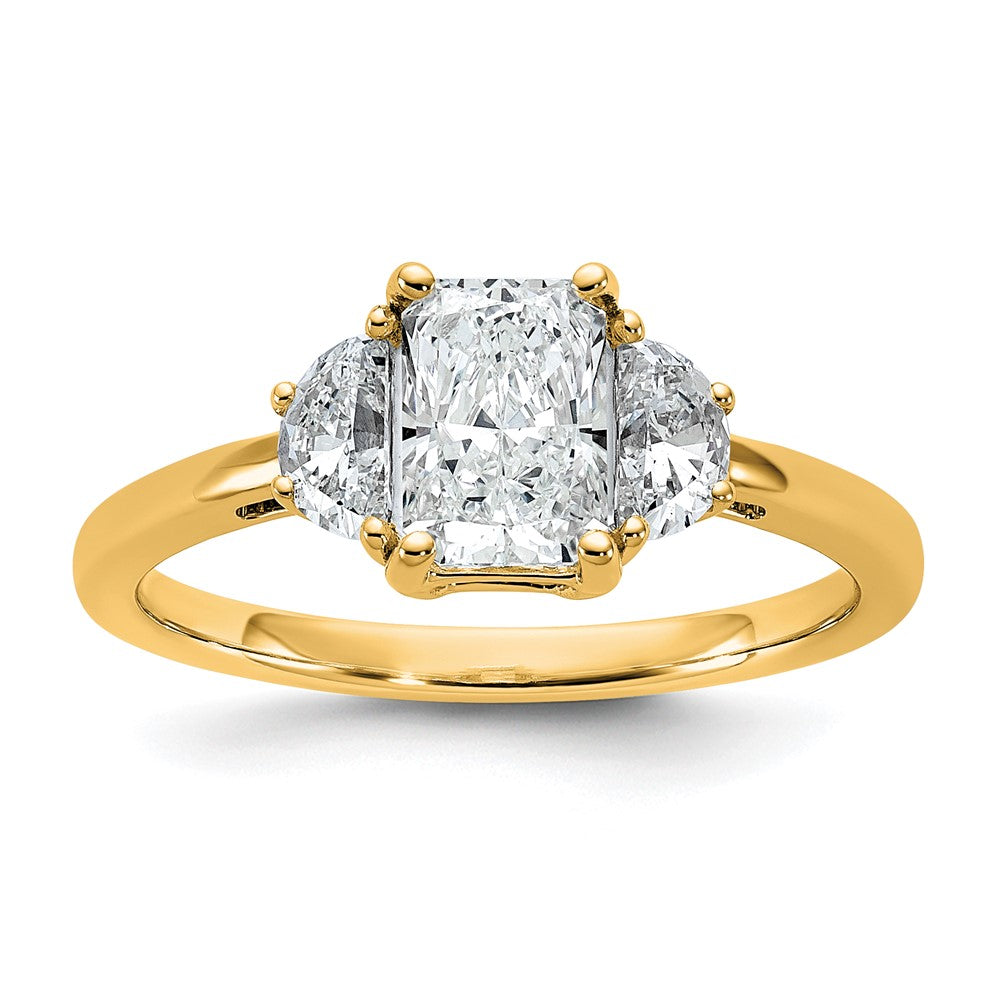 14K Yellow Gold 3/8 carat Lab Grown Diamond VS/SI+ G+ Half Moon 1 carat Radiant Center Semi Mount Engagement Ring