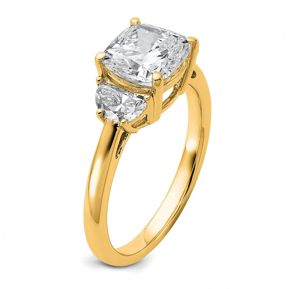 14K Yellow Gold 1/2 carat Lab Grown Diamond VS+ F+ Half Moon and 2 carat Cushion Center Semi Mount Three Stone Engagement Ring