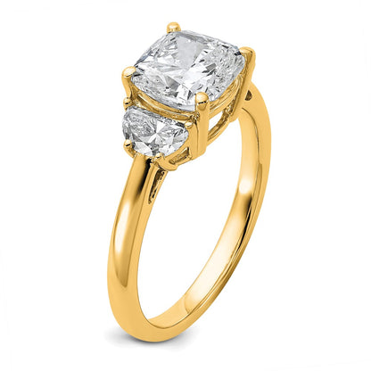 14K Yellow Gold 1/2 carat Lab Grown Diamond VS+ F+ Half Moon and 2 carat Cushion Center Semi Mount Three Stone Engagement Ring