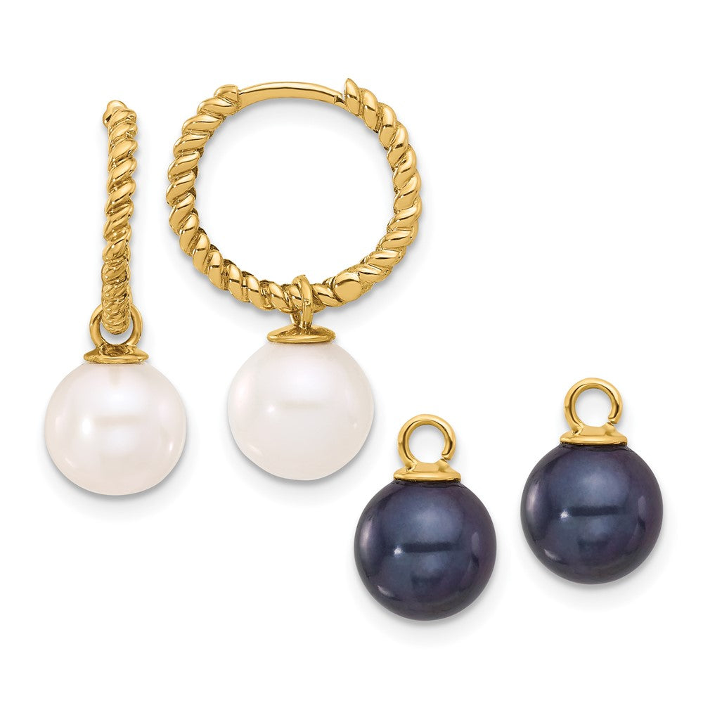 14K Yellow Gold 7-8mm Black and Freshwater Cultured Pearl Removable Dangle Hoop Earrings