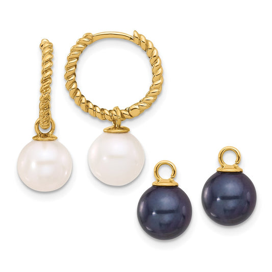 14K Yellow Gold 7-8mm Black and Freshwater Cultured Pearl Removable Dangle Hoop Earrings