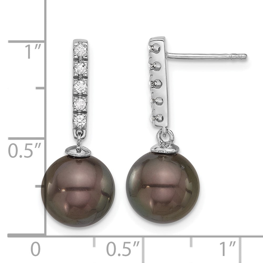 14K White Gold 9-10mm Black Round Tahitian Saltwater Cultured Pearl and .20c Carat Diamond Post Dangle Earrings