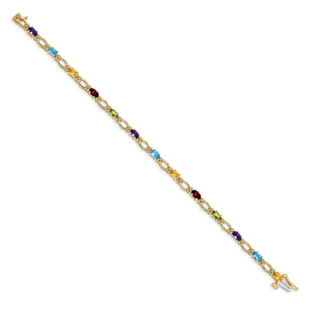 14K Yellow Gold Complete Diamond and Oval Garnet/Peridot/Amethyst/Citrine/Swiss Blue Topaz 7 Inch Rainbow Bracelet