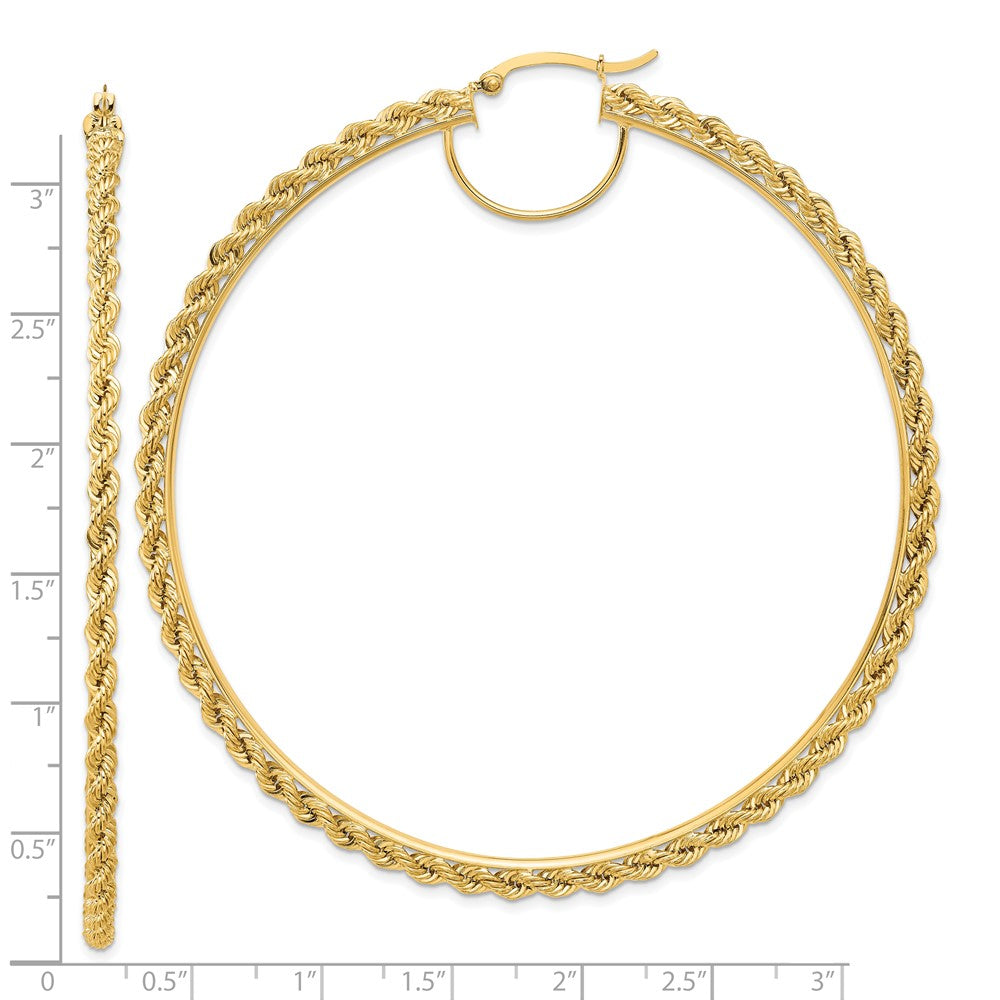 14K Yellow Gold Polished and D/C Rope 2.95mm Hoop Earrings