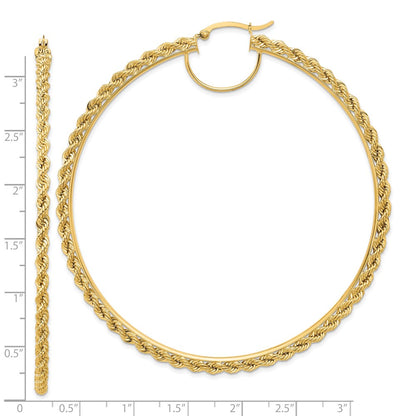 14K Yellow Gold Polished and D/C Rope 2.95mm Hoop Earrings