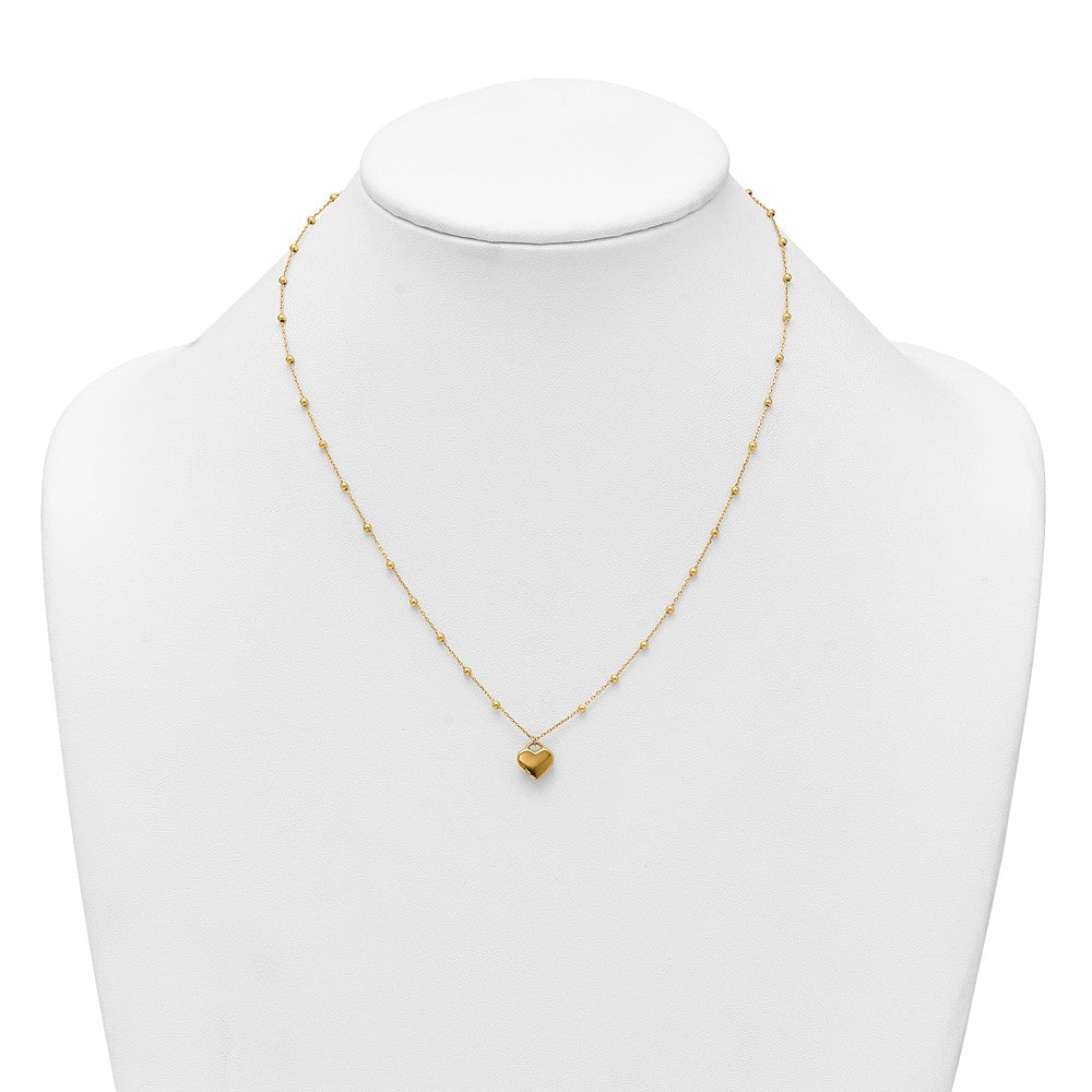 14K Yellow Gold Polished Heart Pendant and Beaded Chain 16 Inch Necklace Plus 2 Inch Extender