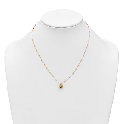 14K Yellow Gold Polished Heart Pendant and Beaded Chain 16 Inch Necklace Plus 2 Inch Extender