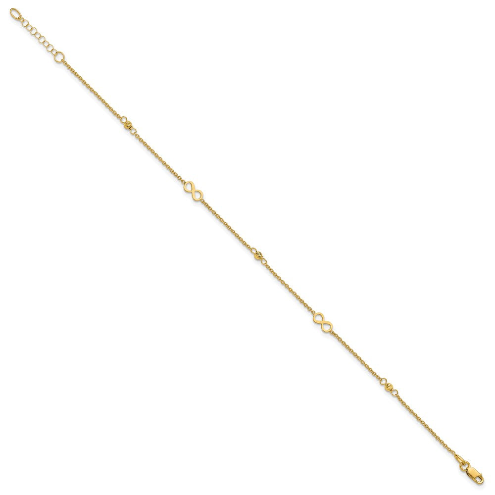 14K Yellow Gold Infinity and Diamond-cut Bead 9 Inch Plus 1 Inch Extender - Total 10 Inch Anklet
