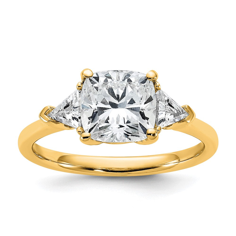 14K Yellow Gold 1/2 carat Lab Grown Diamond VS+ F+ Triangle 2 carat Cushion Center Semi Mount Three Stone Engagement Ring