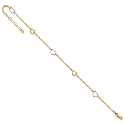 14K Two-Tone Gold Two-tone Polished Open Hearts 5-Station 9 Inch Plus 1 Inch Extender - Total 10 Inch Anklet