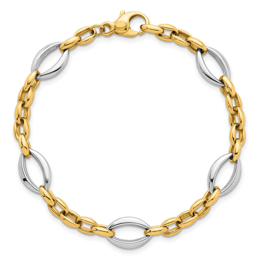 14K Two-Tone Gold Two Tone Polished Oval and Cable Chain 7.25 Inch Bracelet