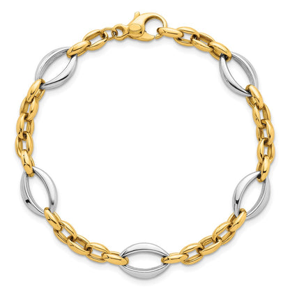 14K Two-Tone Gold Two Tone Polished Oval and Cable Chain 7.25 Inch Bracelet