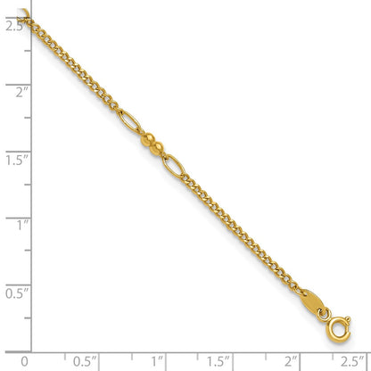 14K Yellow Gold Polished and Diamond-cut 5-Station Beaded Mixed Link 10 Inch Anklet