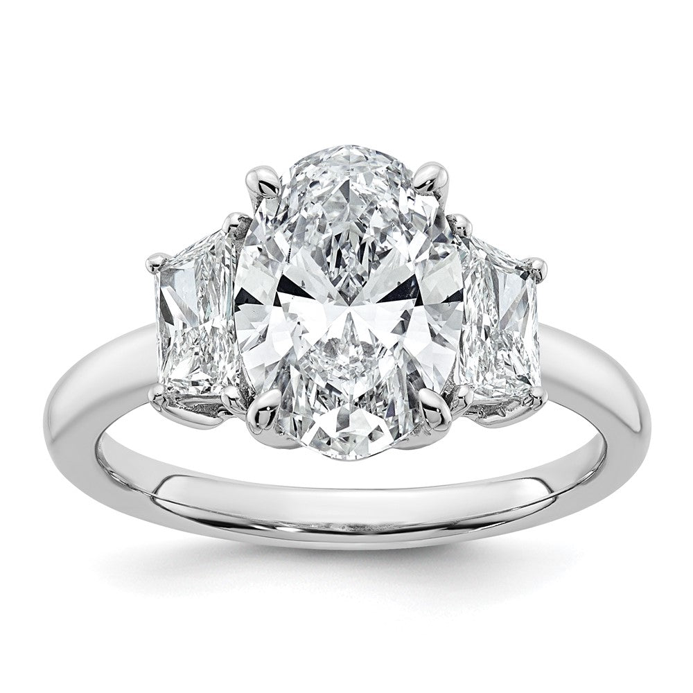 14K White Gold 3 1/3 carat Certified Lab Grown Diamond VS+ F+ Oval and Trapezoid Complete Three Stone Engagement Ring