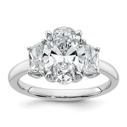14K White Gold 3 1/3 carat Certified Lab Grown Diamond VS+ F+ Oval and Trapezoid Complete Three Stone Engagement Ring