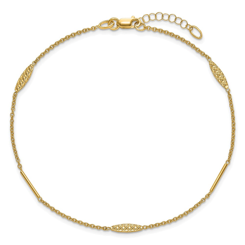 14K Yellow Gold Bar and Textured Oval 9 Inch Plus 1 Inch Extender - Total 10 Inch Anklet