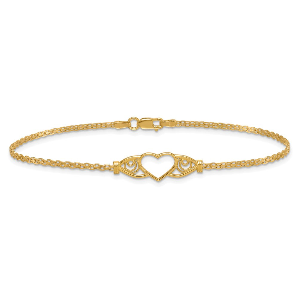 14K Yellow Gold Polished Open Heart with Filigree and Bismark Chain 9 Inch Anklet