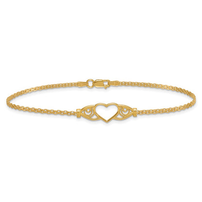 14K Yellow Gold Polished Open Heart with Filigree and Bismark Chain 9 Inch Anklet