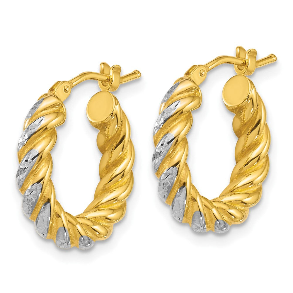 14K Yellow Gold with Rhodium Polished Diamond-cut Twisted 3.75mm Tube Hoop Earrings
