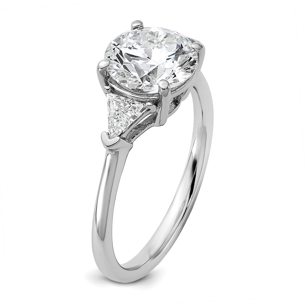 14K White Gold 1/2 carat Lab Grown Diamond VS+ F+ Triangle 2 carat Round Semi Mount Three Stone Engagement Ring